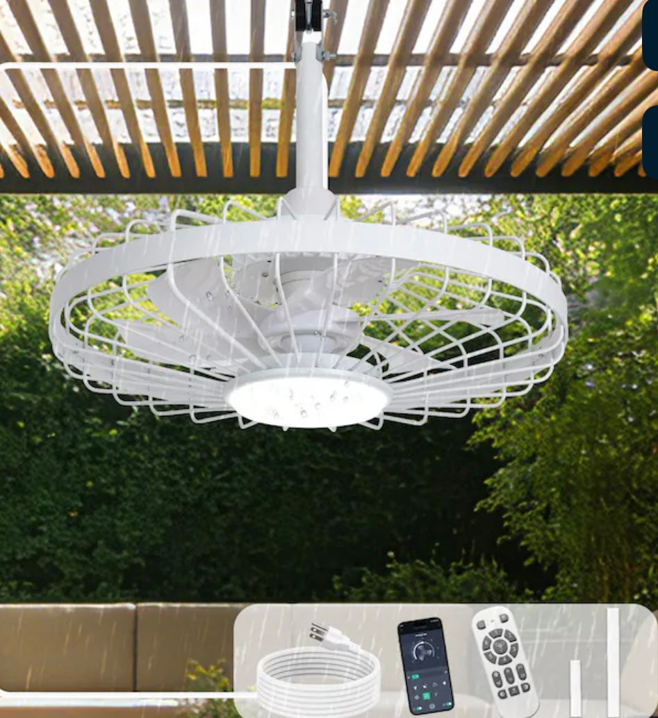 20 Inch White Outdoor Waterproof Caged Ceiling Fan with Light Plug-in Dimmable Remote and App Dual Control 6-Speed for Patios Porches Gazebos