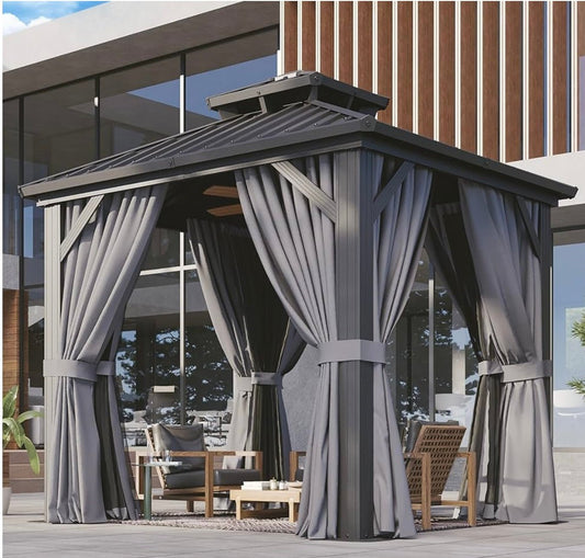 8'x8' Hardtop Gazebo, Aluminum Frame Canopy with Double Galvanized Steel Roof, Outdoor Metal Pavilion with Netting, Curtains for Backyard, Patio and Deck