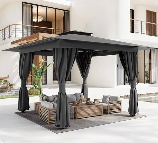 8'x8' Outdoor Gazebo for Patio, Heavy Duty Party Tent with Double Roofs, Outdoor Canopy with Curtains and Nettings for Deck, Lawn and Backyard, Grey