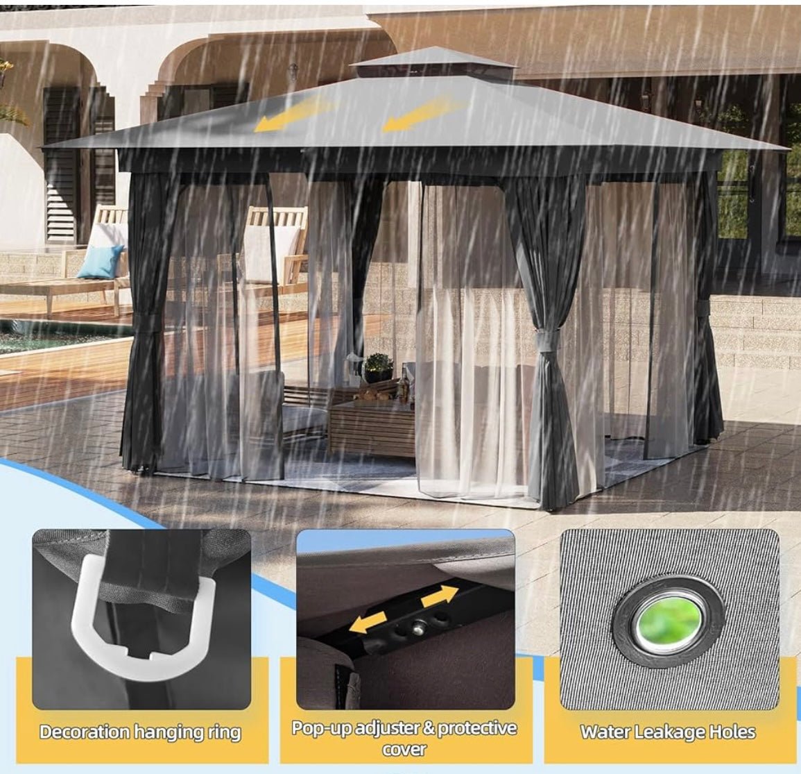 8'x8' Outdoor Gazebo for Patio, Heavy Duty Party Tent with Double Roofs, Outdoor Canopy with Curtains and Nettings for Deck, Lawn and Backyard, Grey