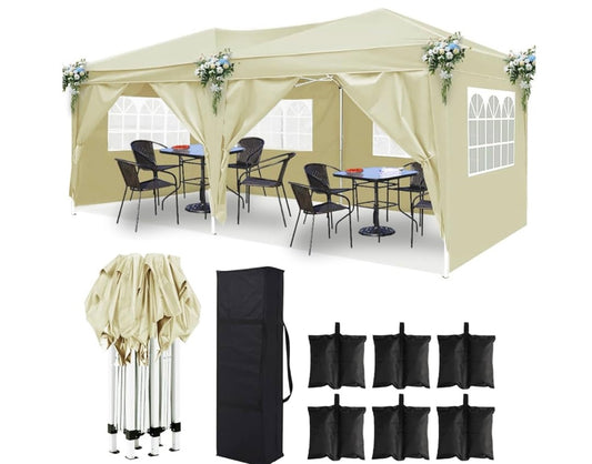 Instant Canopy 10x20ft Pop Up Canopy Tent with 6 Sidewalls, Fully Waterproof Canopy Tent with Heavy Duty Steel Frame, Beige