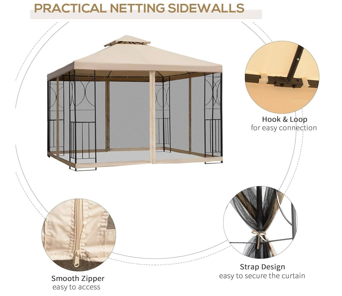 10' x 10' Patio Gazebo with Corner Shelves, Outdoor Gazebo Canopy Shelter with Netting, and Vented Roof, for Garden, Lawn, Backyard and Deck