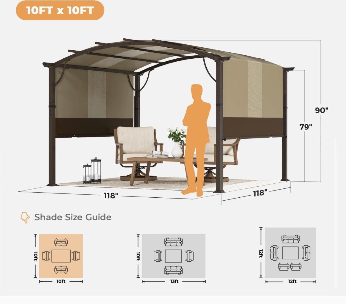 10' x10' Outdoor Retractable Pergola, Aluminum Pergola with Canopy Fixed in Various Positions, Arched Roof with Sun Shade Canopy, Metal Frame for Backyards, Gardens(Brown)