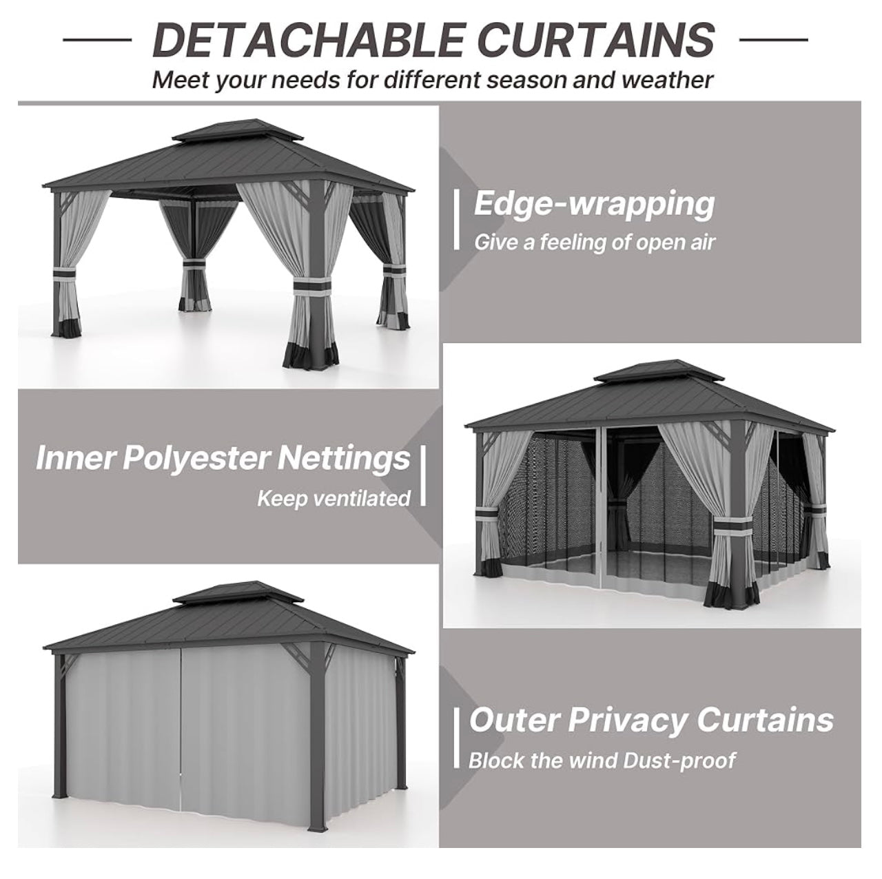 12' x 14' Gray Hardtop Gazebo with Curtains and Netting, Double Roof Iron Metal Pergola for Patio, Garden, Law