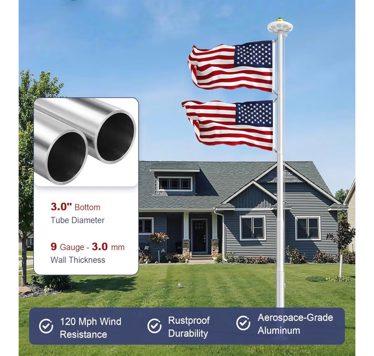 Upgraded 9 Gauge Heavy Duty Flag Pole Kit with 136 LED Ultra Bright Solar Light, 20FT 120 MPH Flagpole for Outside House in Ground, Bottom 3 mm Thick & 3 in Wide, 300D Thick Flag, Silver