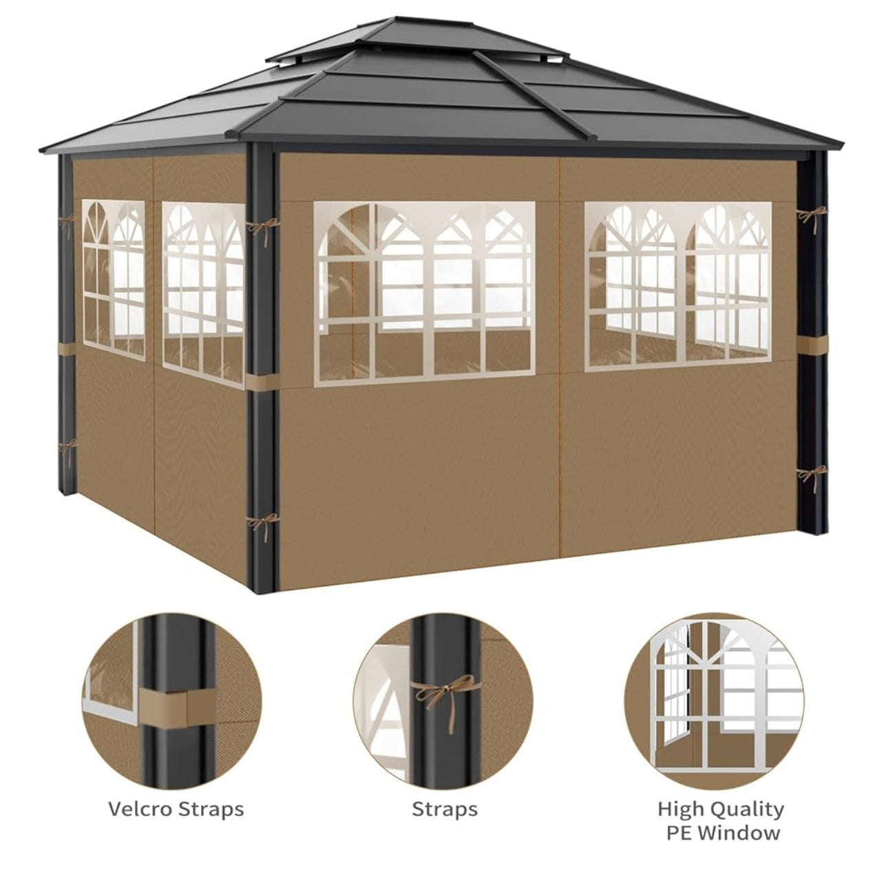 Gazebo Privacy Curtains 10' x 10’ with PVC Windows, 4-Panels Side Wall with Zipper Universal Replacement for Patio, Outdoor Canopy, Garden and Backyard