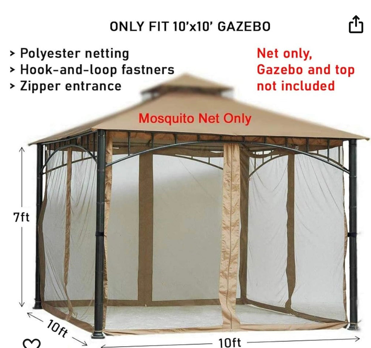 10x10 Gazebo Universal Replacement Mosquito Netting Screen Walls, Set of 4 Panels (Gazebo Mosquito Net Only)Beige