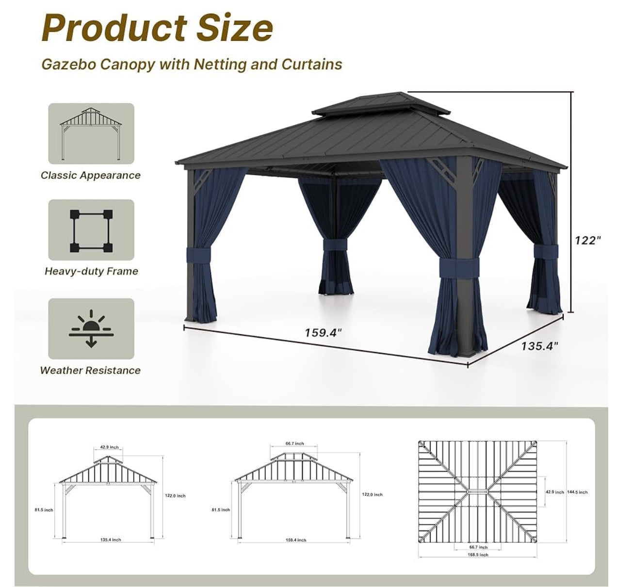 12' x 14' Navy Hardtop Gazebo with Curtains and Netting, Double Roof Iron Metal Pergola for Patio, Garden, Law