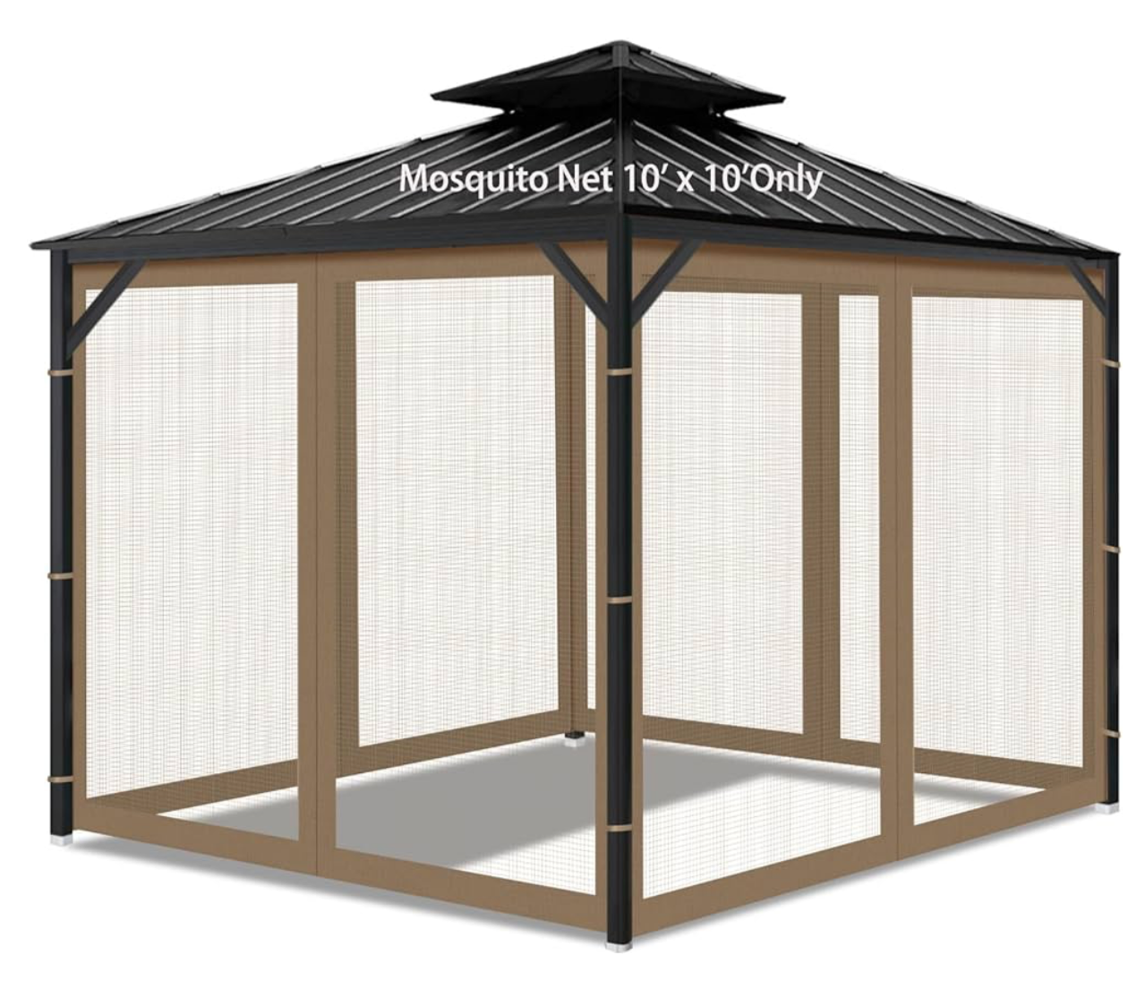 Gazebo Universal Replacement Mosquito Netting, 10' x 10' Outdoor Mesh Netting Screen 4-Panel Sidewall with Zipper for Patio, Canopy, Garden and Backyard, Khaki(Mosquito Net Only)