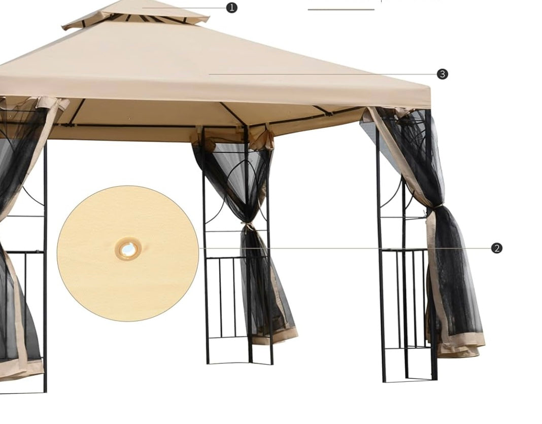 10' x 10' Patio Gazebo with Corner Shelves, Outdoor Gazebo Canopy Shelter with Netting, and Vented Roof, for Garden, Lawn, Backyard and Deck