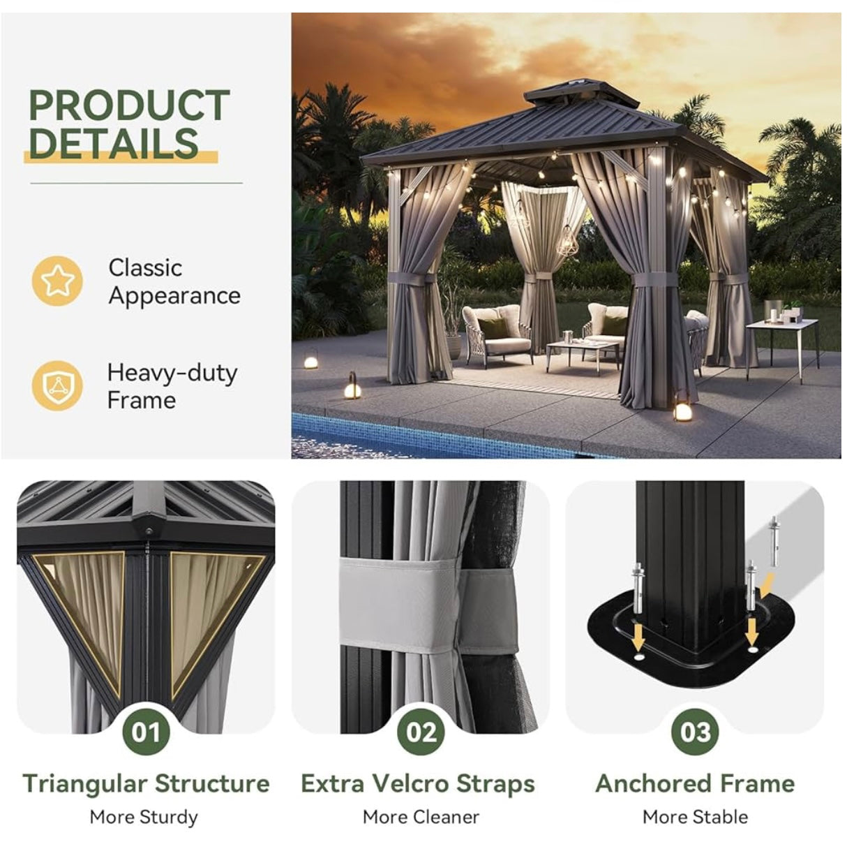 10'x10' Hardtop Gazebo, Aluminum Frame Canopy with Double Galvanized Steel Roof, Outdoor Metal Pavilion with Netting, Curtains for Backyard, Patio and Deck