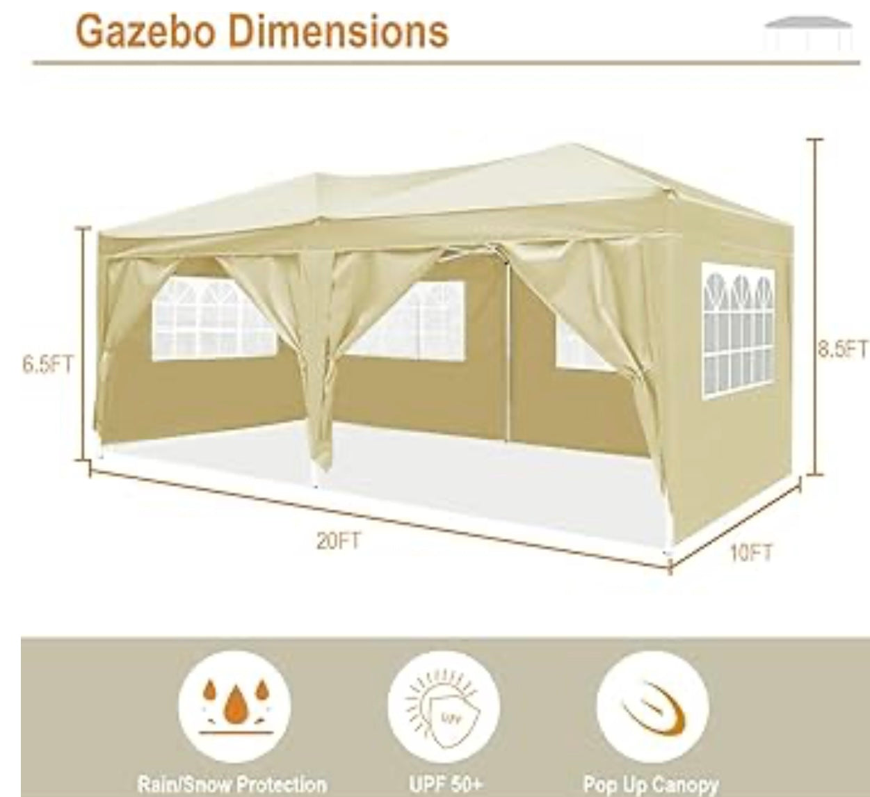 Instant Canopy 10x20ft Pop Up Canopy Tent with 6 Sidewalls, Fully Waterproof Canopy Tent with Heavy Duty Steel Frame, Beige