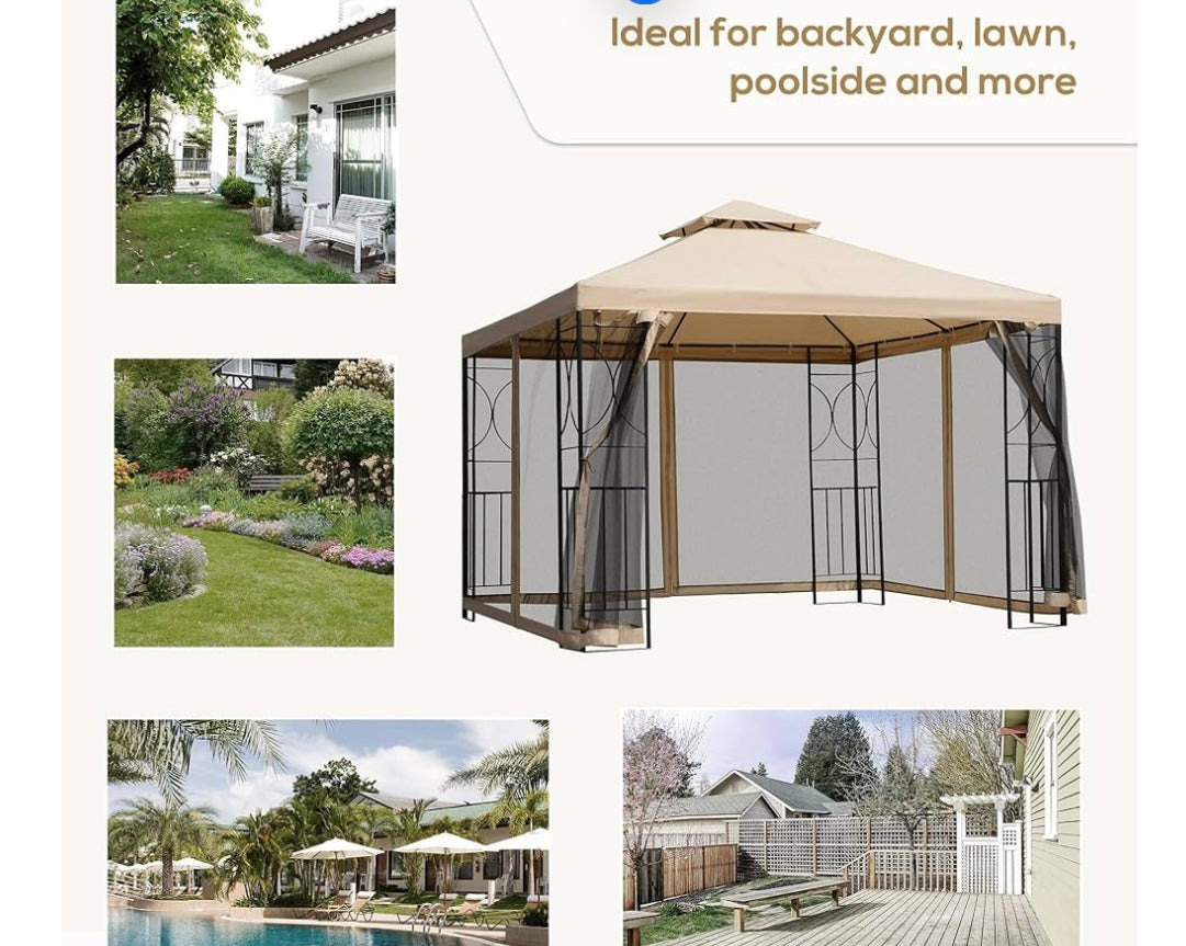 10' x 10' Patio Gazebo with Corner Shelves, Outdoor Gazebo Canopy Shelter with Netting, and Vented Roof, for Garden, Lawn, Backyard and Deck