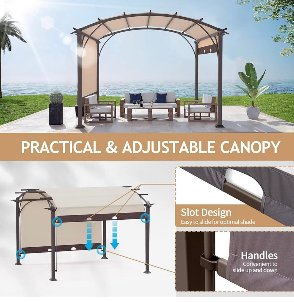 mPatio Pergola, 8.8x10.8ft Arched Aluminum Gazebo with Adjustable Waterproof Sun Shade Shelter Awning for Garden Lawn Deck