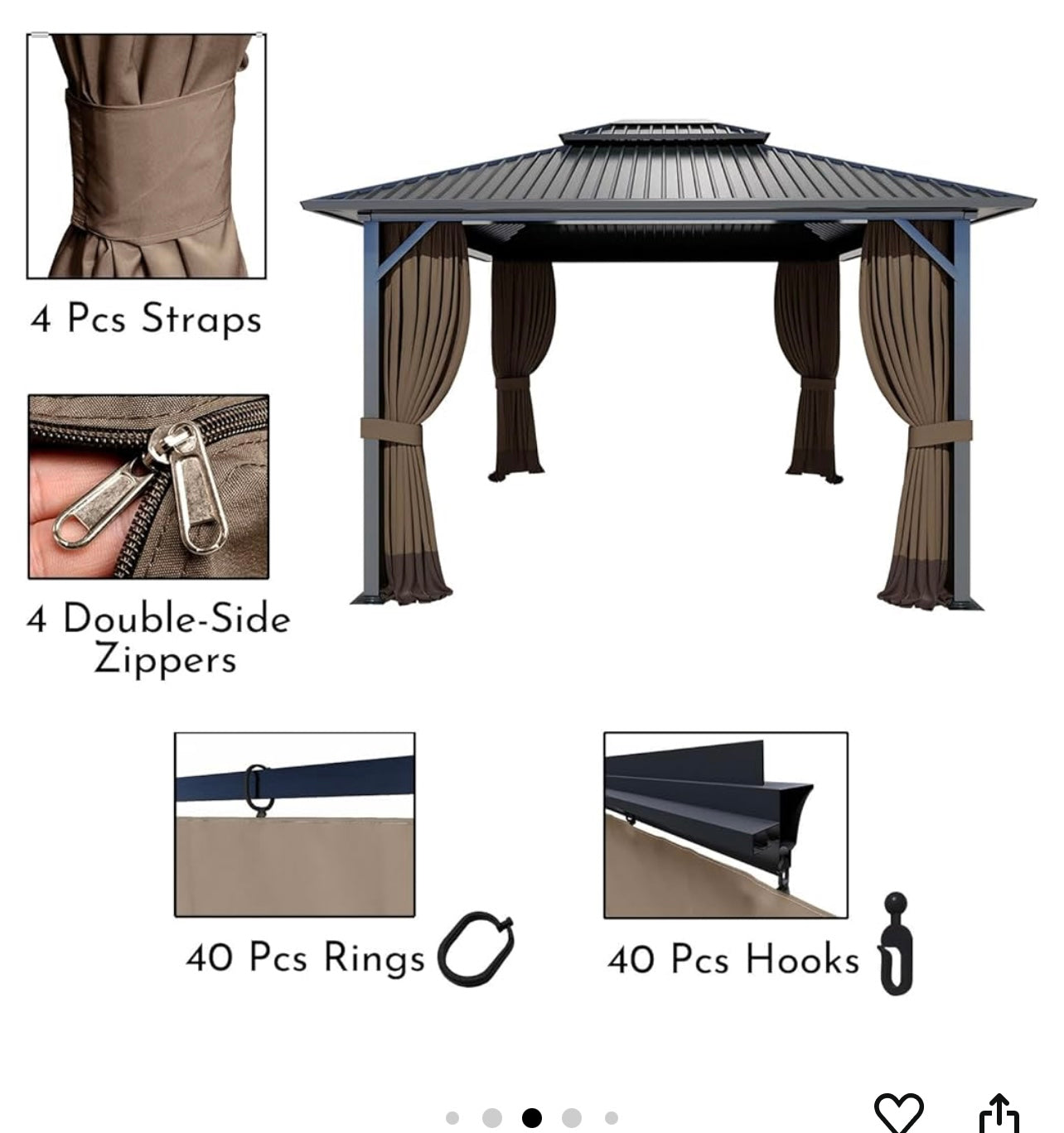 Gazebo Curtain Replacement Universal 4-Panel Sidewalls 10' x 10', Patio Gazebo Privacy Curtains with Double Zipper, Replacement for Patio, Outdoor Canopy, Garden and Backyard (Curtain Only)