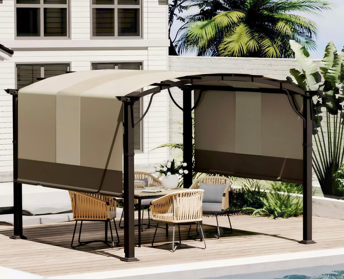 10' x10' Outdoor Retractable Pergola, Aluminum Pergola with Canopy Fixed in Various Positions, Arched Roof with Sun Shade Canopy, Metal Frame for Backyards, Gardens(Brown)