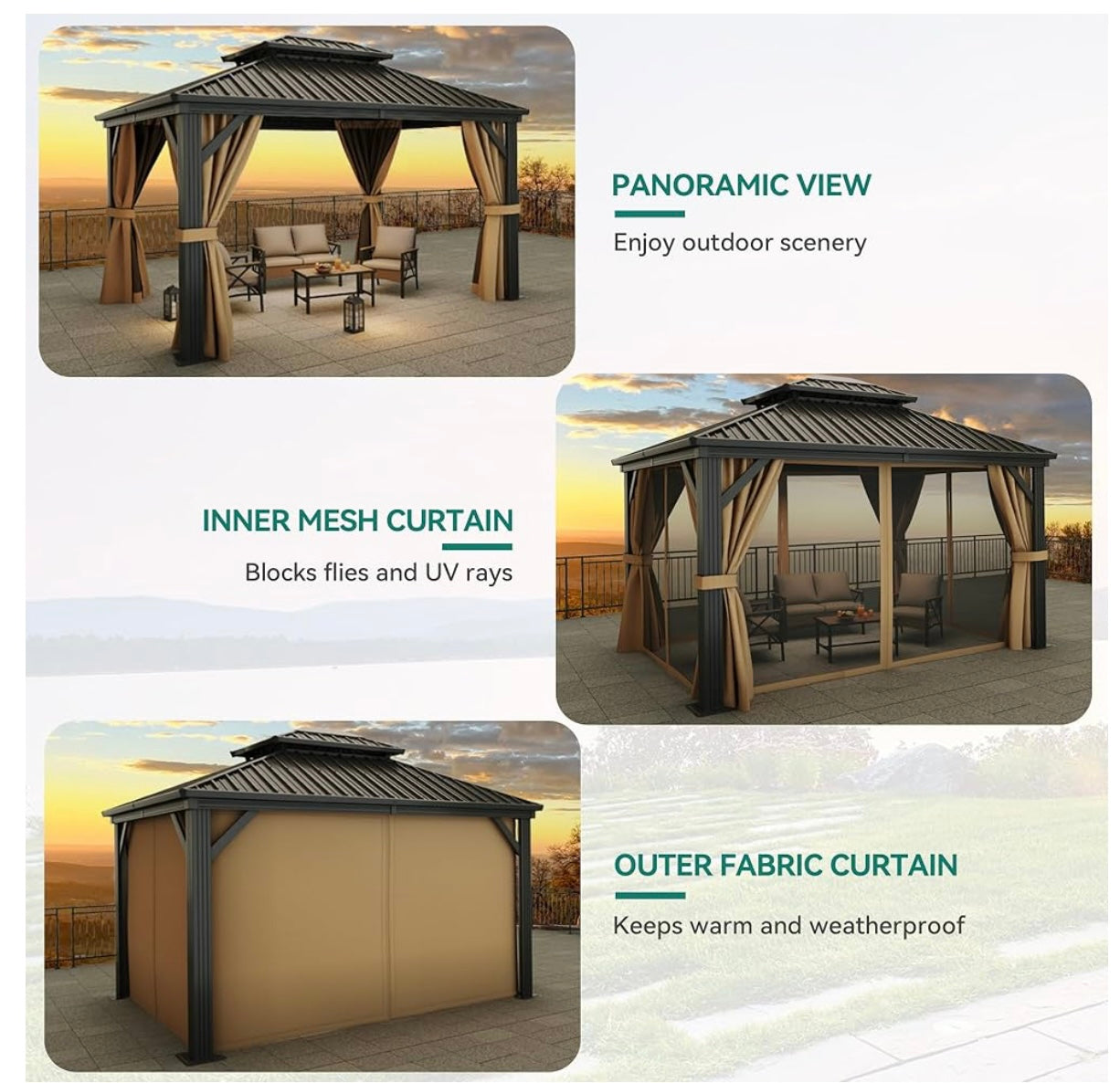 10x12ft Gazebo Hardtop Double Roof Canopy w/Netting and Curtains, Outdoor Gazebo 2-Tier Galvanized Iron Aluminum Frame Garden Tent for Patio, Backyard, Deck and Lawns, Brown