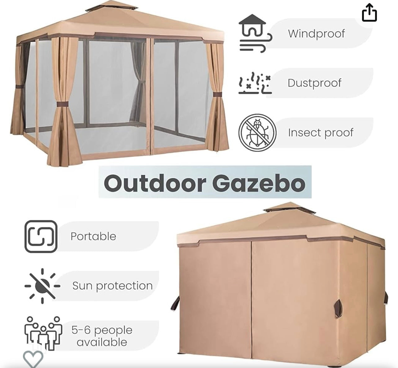 10 x 10 FT Outdoor Gazebo for Patio Iron Frame Garden Permanent Gazebo with Vented Soft Canopy and Mosquito Netting, Khaki