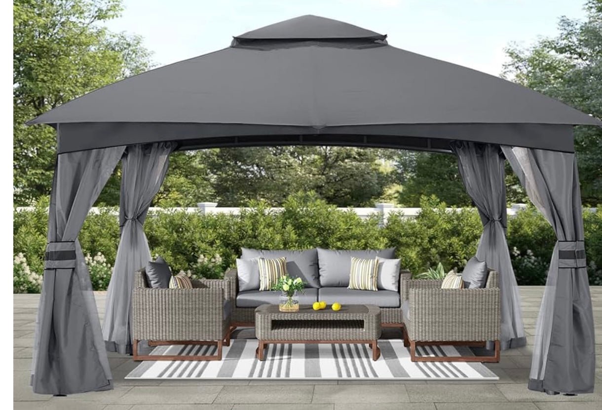 Allen and Roth inspired 10x12 Patio Dome Gazebo w/Mosquito Netting, Two-Tier Vented Top for Backyard Garden Lawn Dark Gray