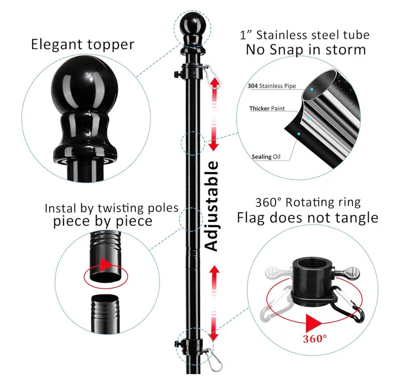 Black Flag Poles for Outside in Ground - 8FT Flag Pole for House with 2 Pronges Base - Stainless Steel Flag Pole Kit with 3x5FT American Flag for Yard Residential Commercial