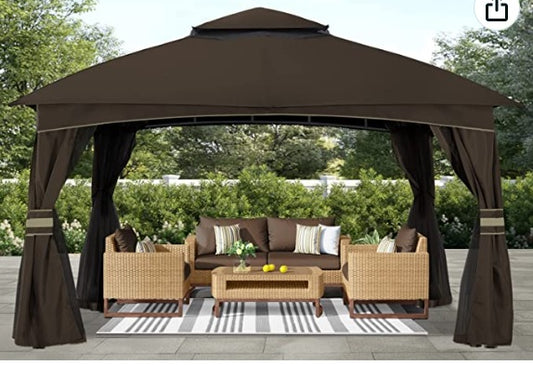10x12 Outdoor Gazebo - Patio Gazebo with Mosquito Netting, Outdoor Canopies for Shade and Rain for Lawn, Garden, Backyard & Deck (Brown)