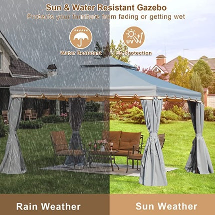 10' x 12' Outdoor Canopy Gazebo, Double Roof Patio Gazebo Steel Frame with Netting and Shade Curtains for Garden, Patio, Party Canopy, Grey