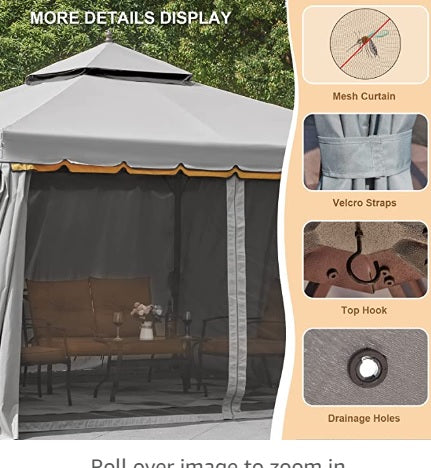 10' x 12' Outdoor Canopy Gazebo, Double Roof Patio Gazebo Steel Frame with Netting and Shade Curtains for Garden, Patio, Party Canopy, Grey