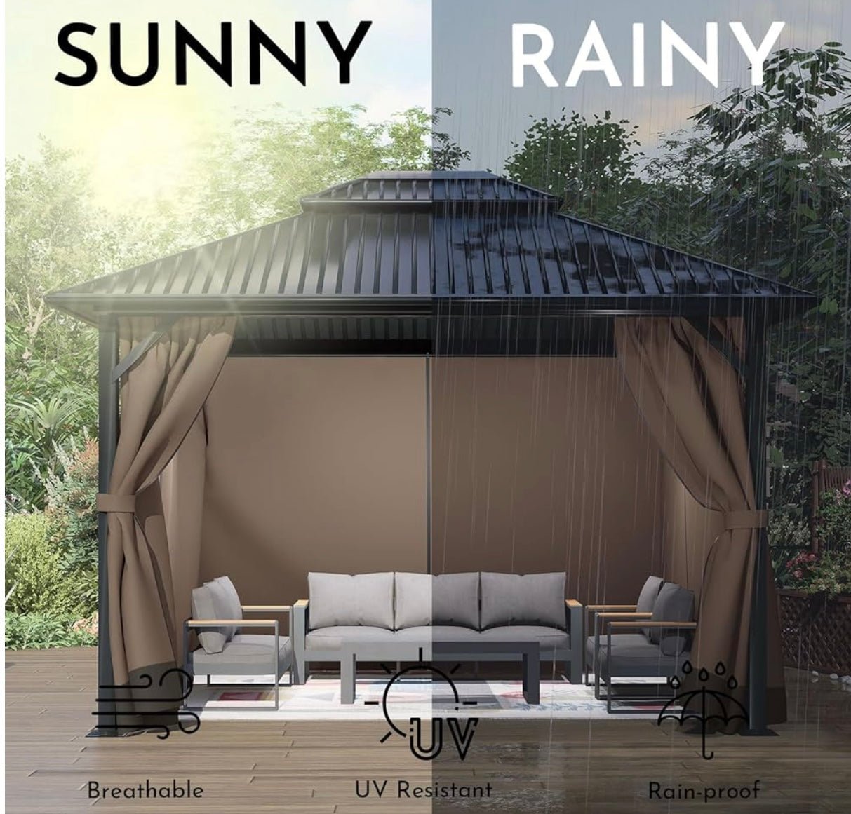 Gazebo Curtain Replacement Universal 4-Panel Sidewalls 10' x 10', Patio Gazebo Privacy Curtains with Double Zipper, Replacement for Patio, Outdoor Canopy, Garden and Backyard (Curtain Only)