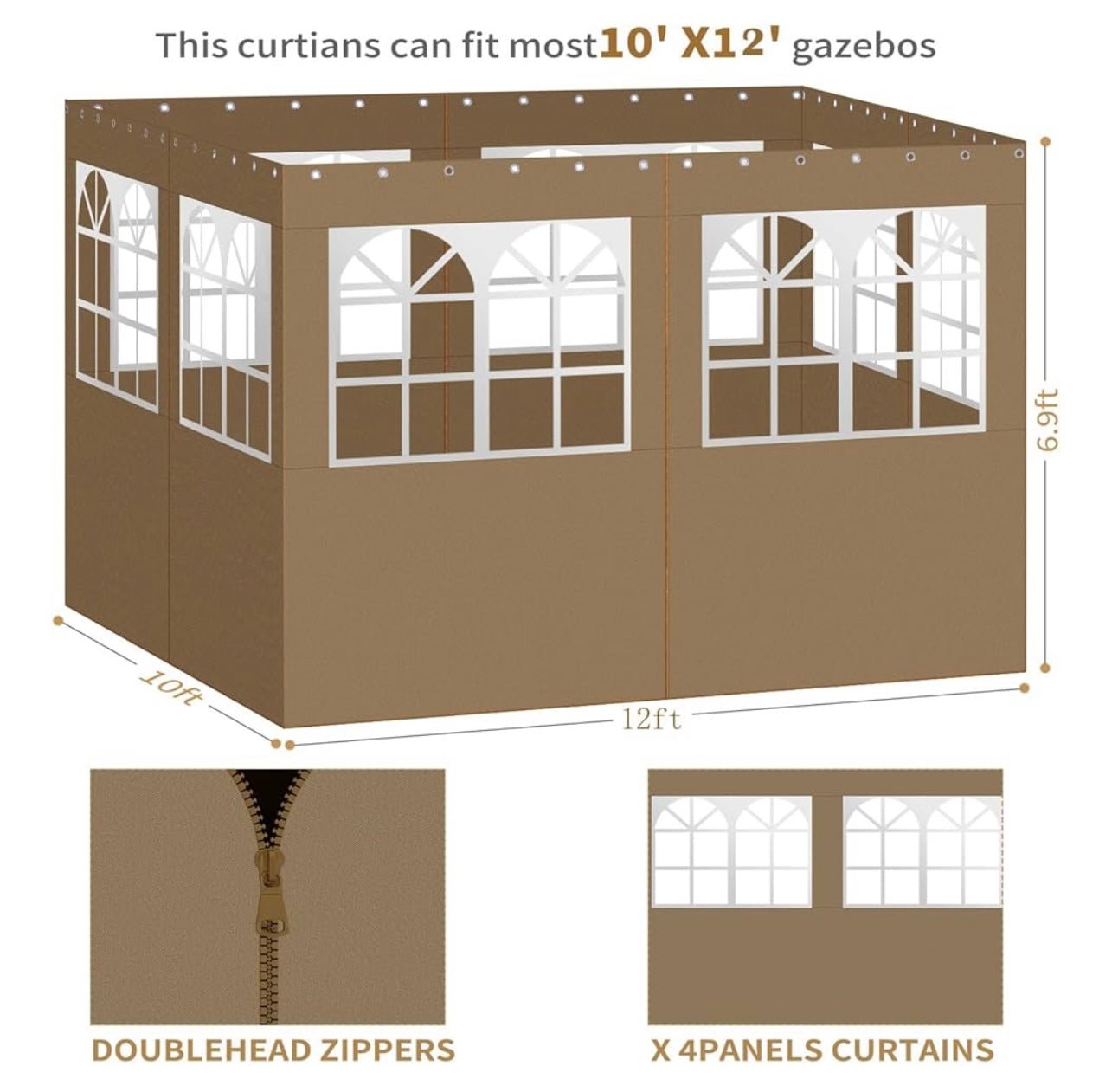 Gazebo Privacy Curtains 10' x 12' with PVC Windows, 4-Panels Side Wall with Zipper Universal Replacement for Patio, Outdoor Canopy, Garden and Backyard