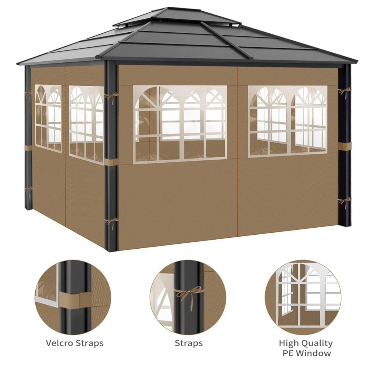 Gazebo Privacy Curtains 10' x 12' with PVC Windows, 4-Panels Side Wall with Zipper Universal Replacement for Patio, Outdoor Canopy, Garden and Backyard