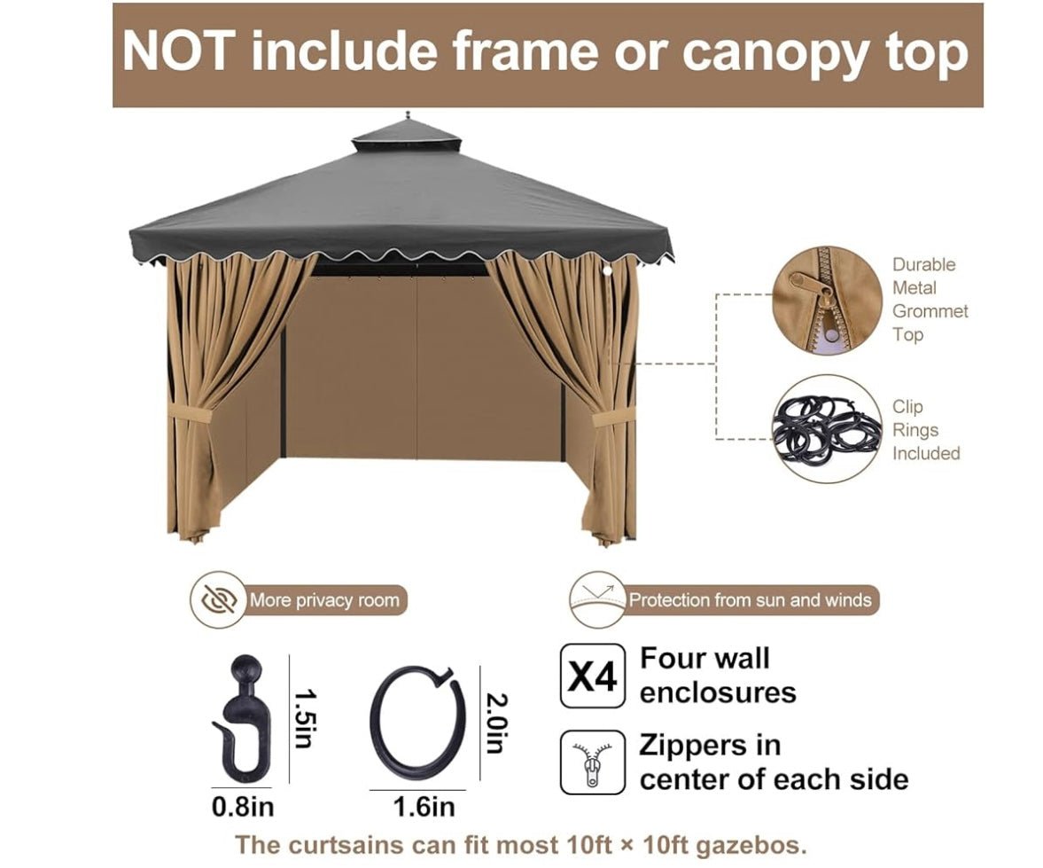 Gazebo Winter Privacy Curtains 10' x 10' with Zipper 4-Panels Side Wall Heavy Duty Universal Replacement for Patio, Outdoor Canopy, Garden and Backyard (Curtain Only)