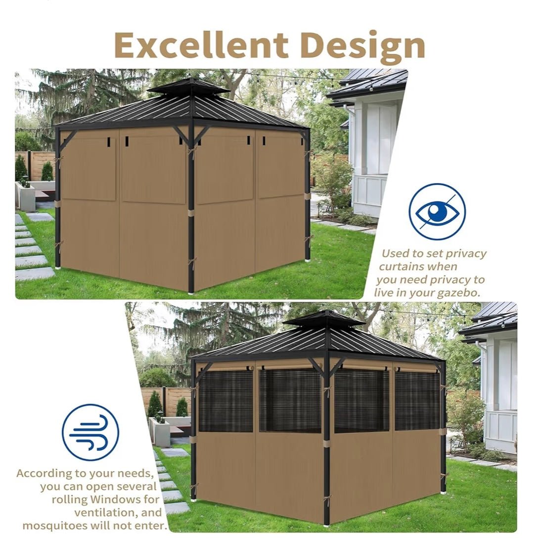 Gazebo Privacy Curtains 10' x 12' with Mosquito Windows, 4-Panels Side Wall with Zipper Universal Replacement for Patio, Outdoor Canopy, Garden and Backyard, Khaki (Curtain Only)