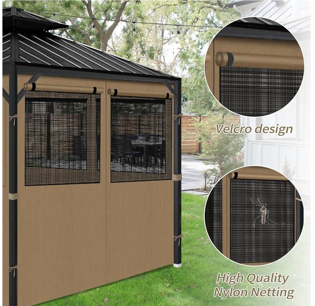 Gazebo Privacy Curtains 10' x 12' with Mosquito Windows, 4-Panels Side Wall with Zipper Universal Replacement for Patio, Outdoor Canopy, Garden and Backyard, Khaki (Curtain Only)