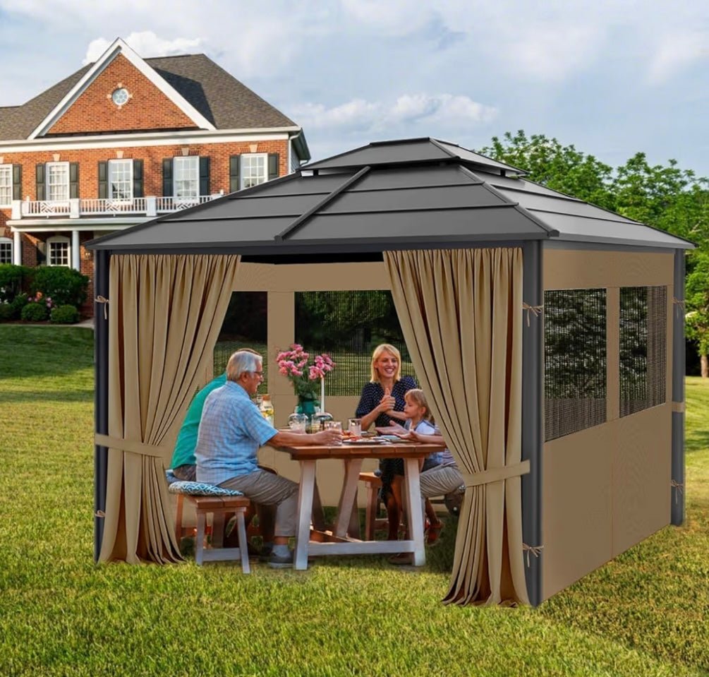 Gazebo Privacy Curtains 10' x 12' with Mosquito Windows, 4-Panels Side Wall with Zipper Universal Replacement for Patio, Outdoor Canopy, Garden and Backyard, Khaki (Curtain Only)