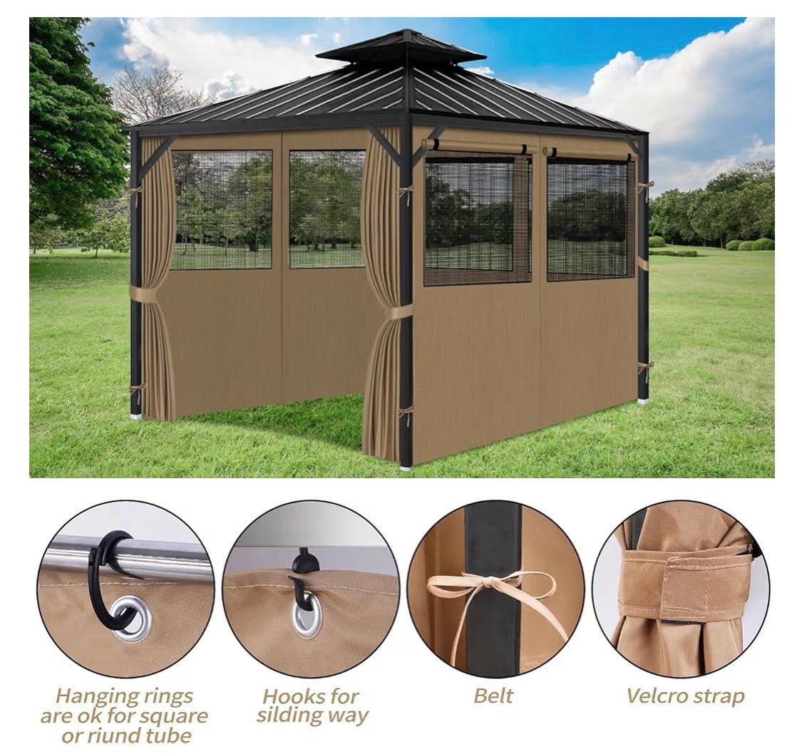 Gazebo Privacy Curtains 10' x 12' with Mosquito Windows, 4-Panels Side Wall with Zipper Universal Replacement for Patio, Outdoor Canopy, Garden and Backyard, Khaki (Curtain Only)