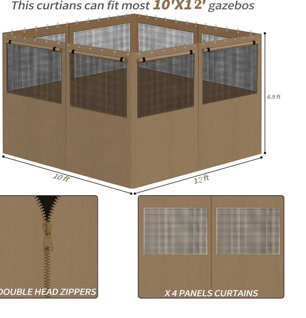 Gazebo Privacy Curtains 10' x 12' with Mosquito Windows, 4-Panels Side Wall with Zipper Universal Replacement for Patio, Outdoor Canopy, Garden and Backyard, Khaki (Curtain Only)