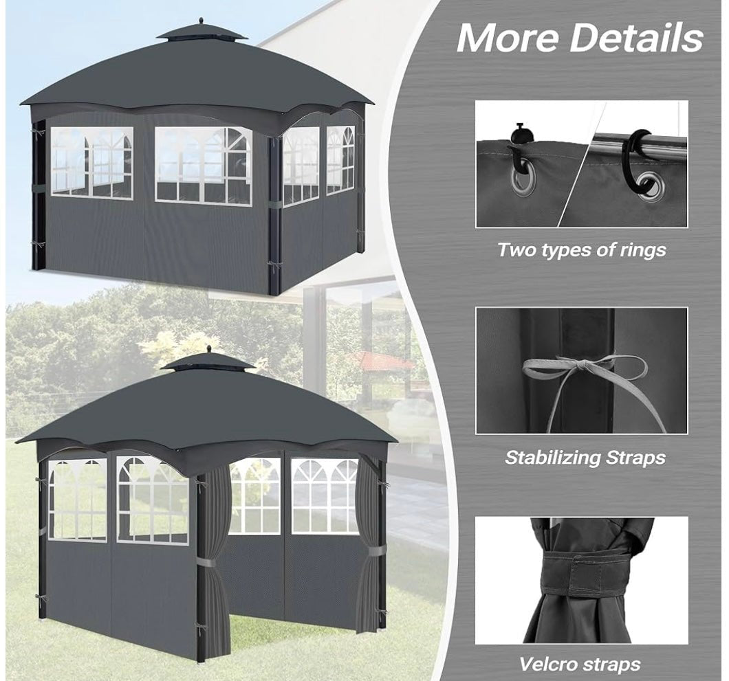 Gazebo Privacy Curtains 10' x 12' with PVC Windows, 4-Panels Side Wall with Zipper Universal Replacement for Patio, Outdoor Canopy, Garden and Backyard Gray