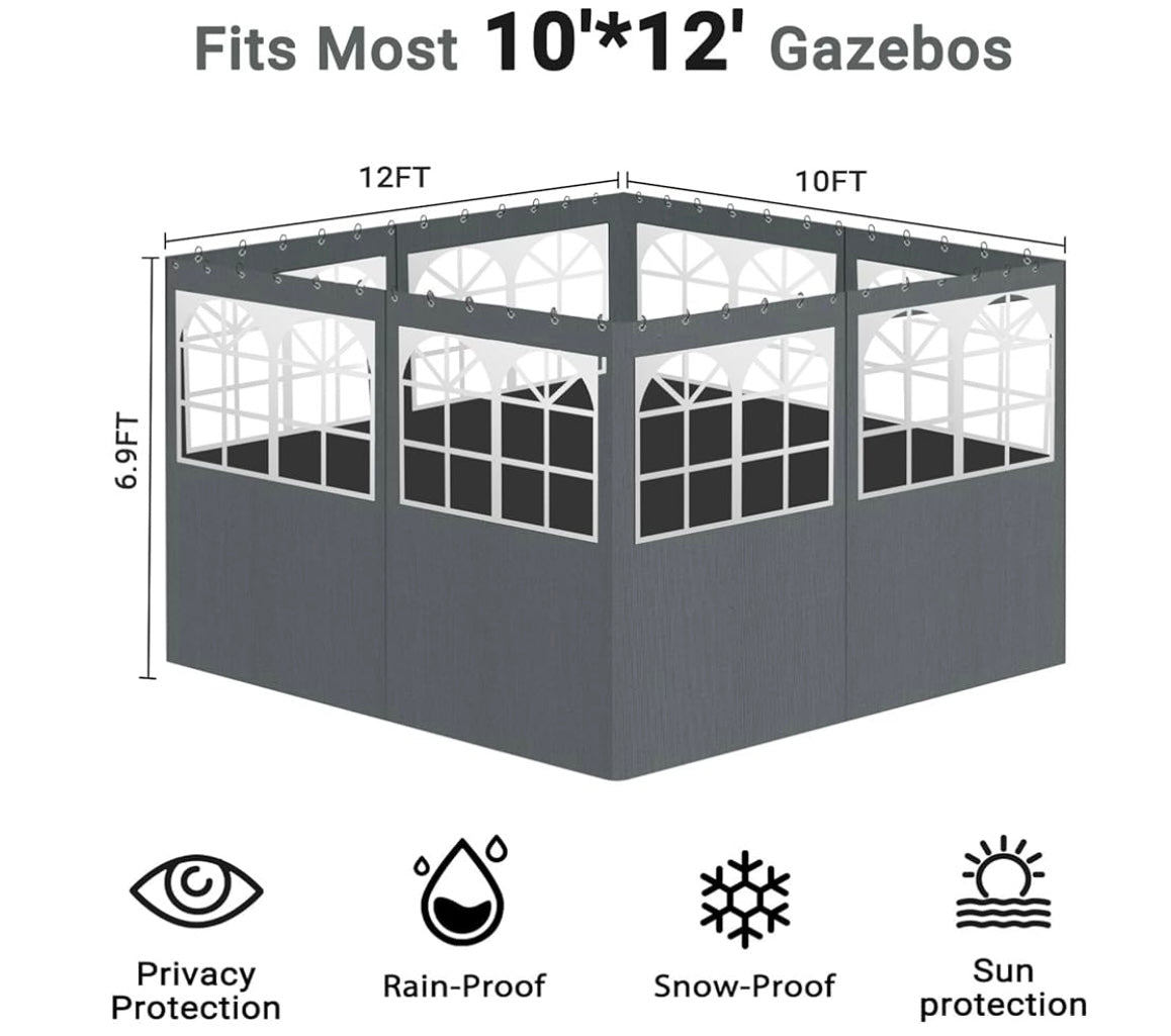 Gazebo Privacy Curtains 10' x 12' with PVC Windows, 4-Panels Side Wall with Zipper Universal Replacement for Patio, Outdoor Canopy, Garden and Backyard Gray