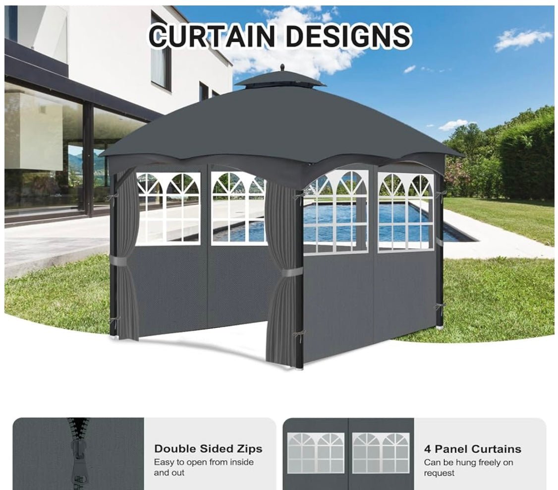 Gazebo Privacy Curtains 10' x 12' with PVC Windows, 4-Panels Side Wall with Zipper Universal Replacement for Patio, Outdoor Canopy, Garden and Backyard Gray