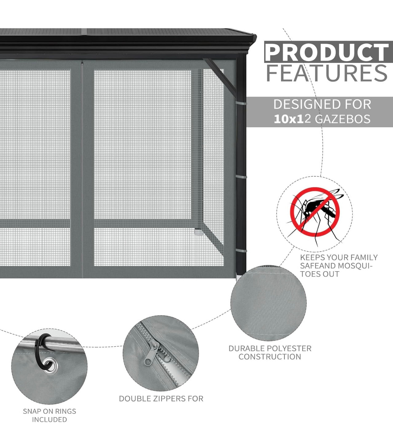 Gazebo Universal Replacement Mosquito Netting, 10' x 12' Outdoor Mesh Netting Screen 4-Panel Sidewall with Zipper for Patio Canopy Garden Porch Pergolas and Backyard, Gray(Mosquito Net Only)