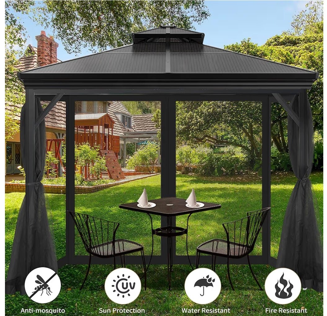 Hardtop Gazebo Black Replacement Mosquito Screen Set with Zippers Set 10x10