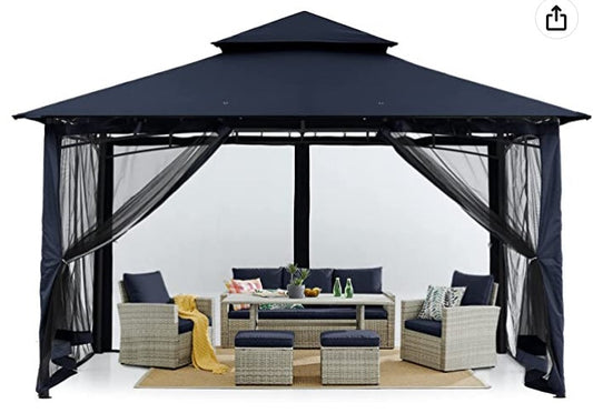 Outdoor Garden Gazebo for Patios with Stable Steel Frame and Netting Walls (10x10, Navy Blue)