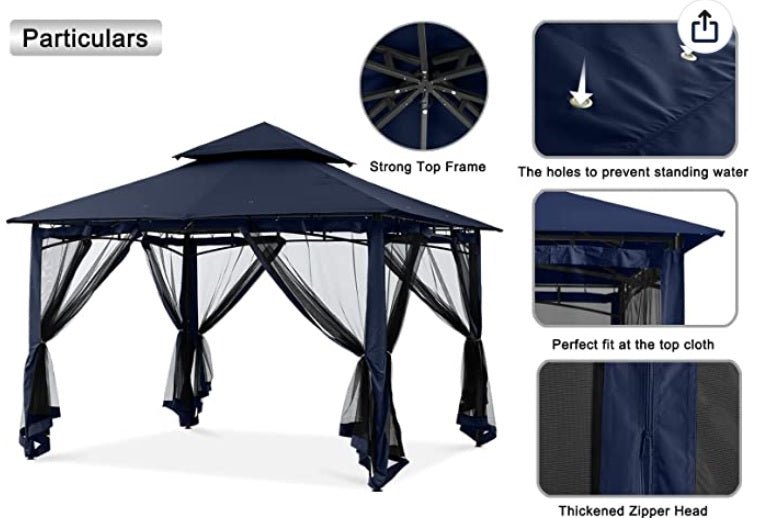 Outdoor Garden Gazebo for Patios with Stable Steel Frame and Netting Walls (10x10, Navy Blue)