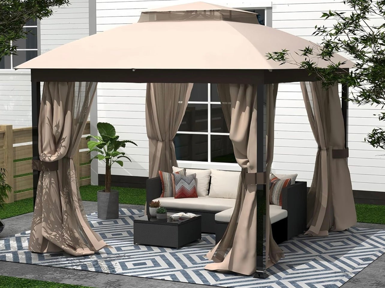 Outdoor Patio Gazebo 10x10, Heavy Duty Gazebos, Soft Top Gazebo with Square Metal Frame, Double Roof Canopy, Mosquito Nets & Privacy Enclosures, Permanent Pavilion for Decks & Backyards