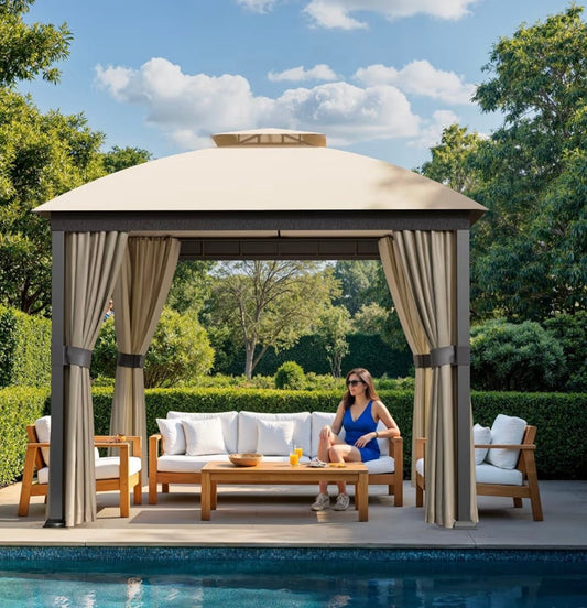 Patio Gazebo 10x10, Outdoor Gazebos, Heavy Duty Gazebo Soft Top Gazebos, Double Roofs Anti-UV Shelter Gazebo for Patio Deck Backyard Garden Lawns