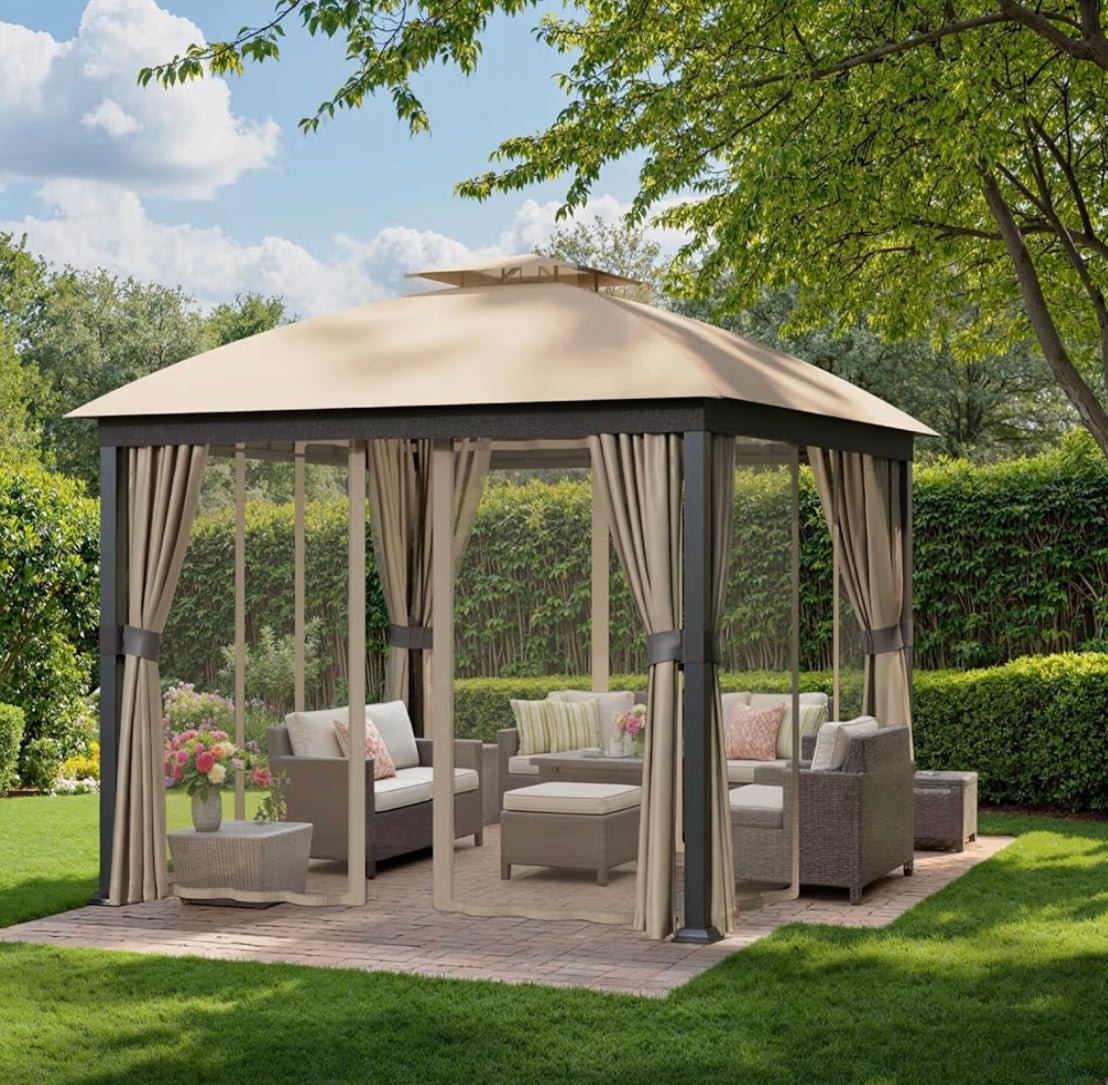 Patio Gazebo 10x10, Outdoor Gazebos, Heavy Duty Gazebo Soft Top Gazebos, Double Roofs Anti-UV Shelter Gazebo for Patio Deck Backyard Garden Lawns