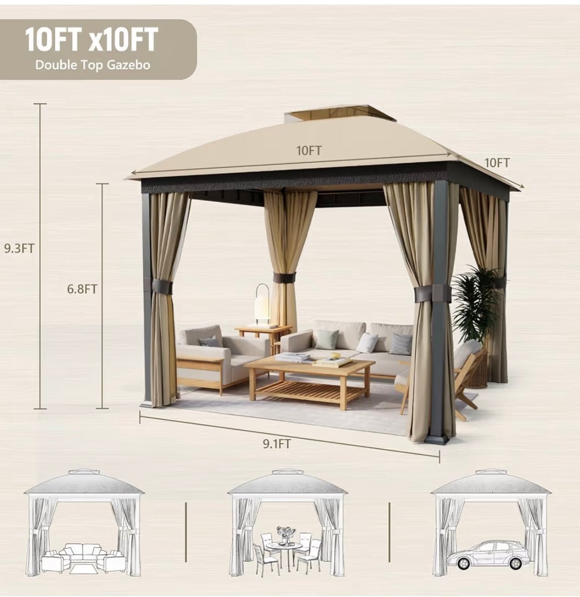 Patio Gazebo 10x10, Outdoor Gazebos, Heavy Duty Gazebo Soft Top Gazebos, Double Roofs Anti-UV Shelter Gazebo for Patio Deck Backyard Garden Lawns