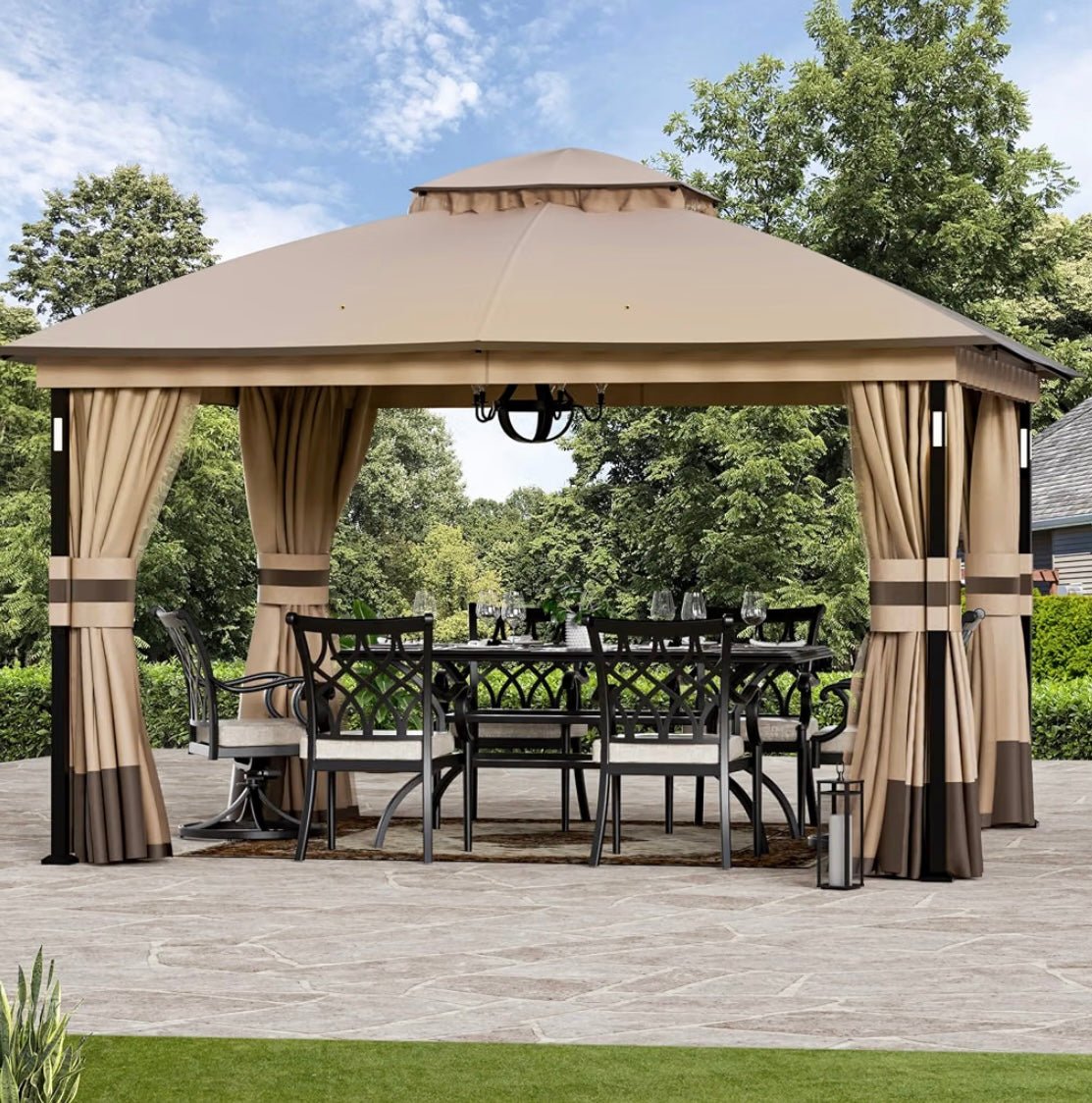 Patio Gazebo 11'x13' with LED Lights & Bluetooth Speaker, Heavy Duty Outdoor Canopy Shelter with Metal Frame, Double Roofs, Soft-top Gazebo with Netting and Curtains for Backyard