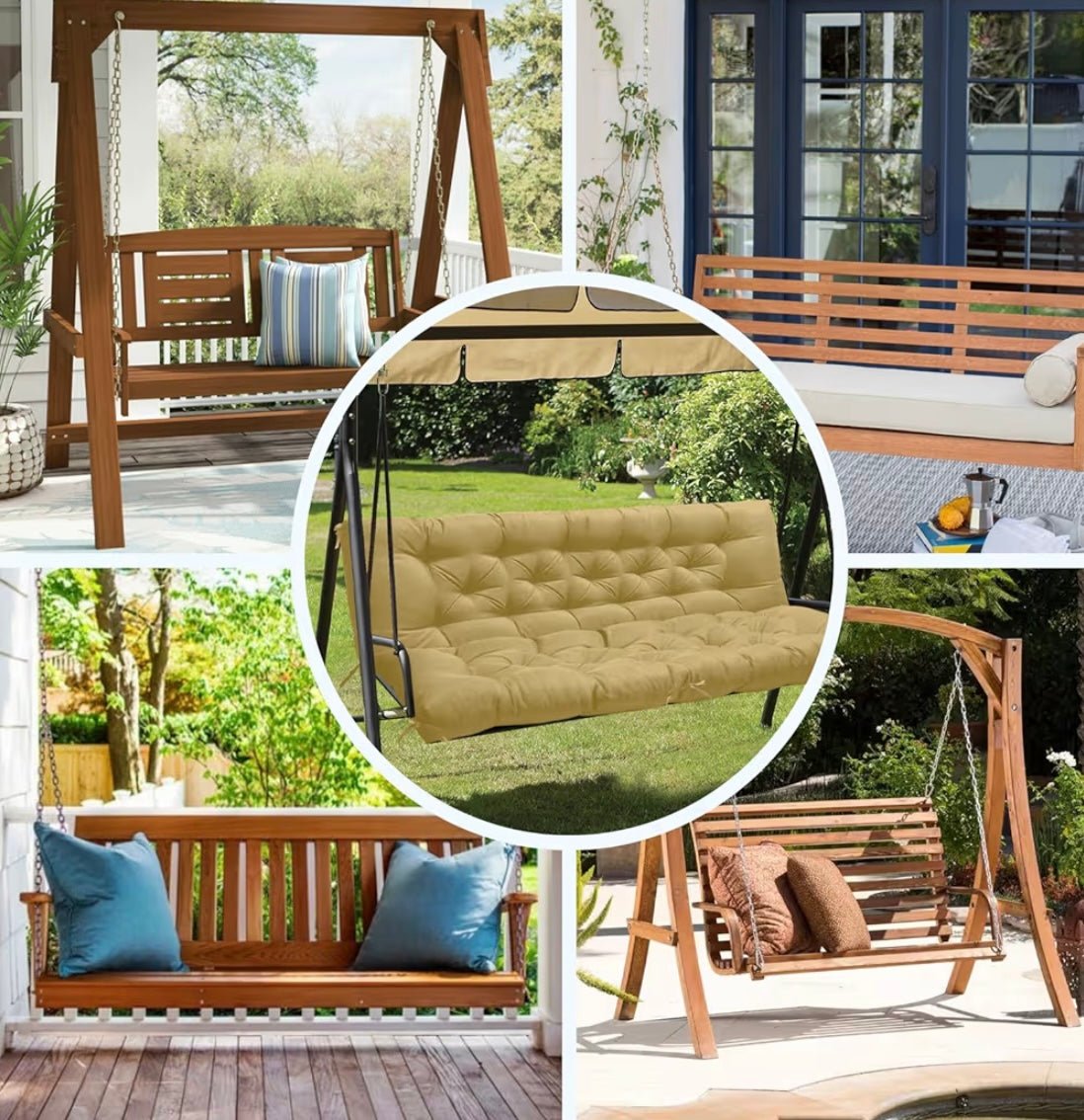 Porch Swing Cushions, Waterproof Swing Cushions Replacement with Backrest, Outdoor Swing Bench Cushions 2-3 Seater Replacement for Patio Furniture (Khaki, 60''×40'')