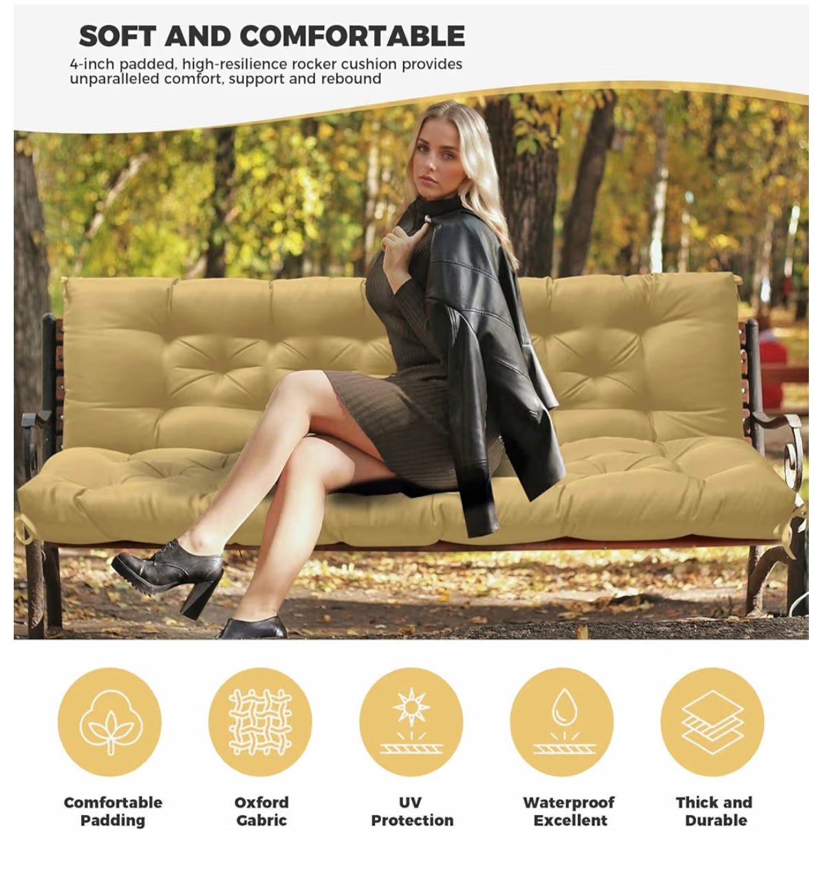 Porch Swing Cushions, Waterproof Swing Cushions Replacement with Backrest, Outdoor Swing Bench Cushions 2-3 Seater Replacement for Patio Furniture (Khaki, 60''×40'')